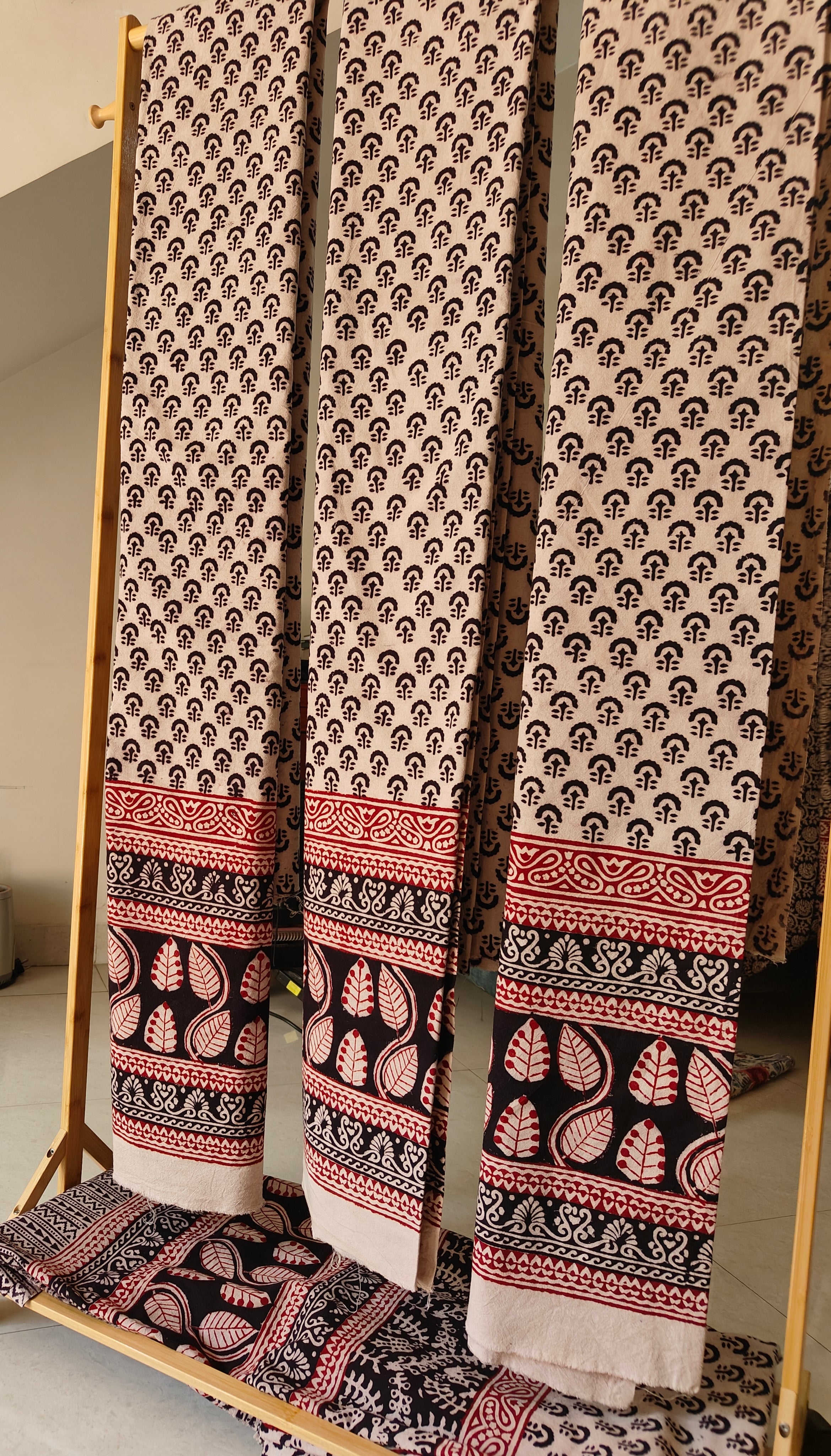 Set of handmade Bagh block print in traditional offwhite with black tree block and madder red pattern with big leaf bold border three curtains.