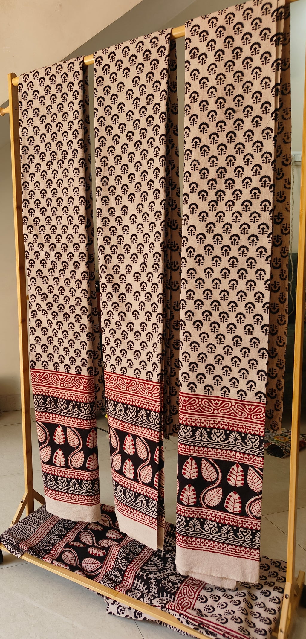 Set of handmade Bagh block print in traditional offwhite with black tree block and madder red pattern with big leaf bold border three curtains.