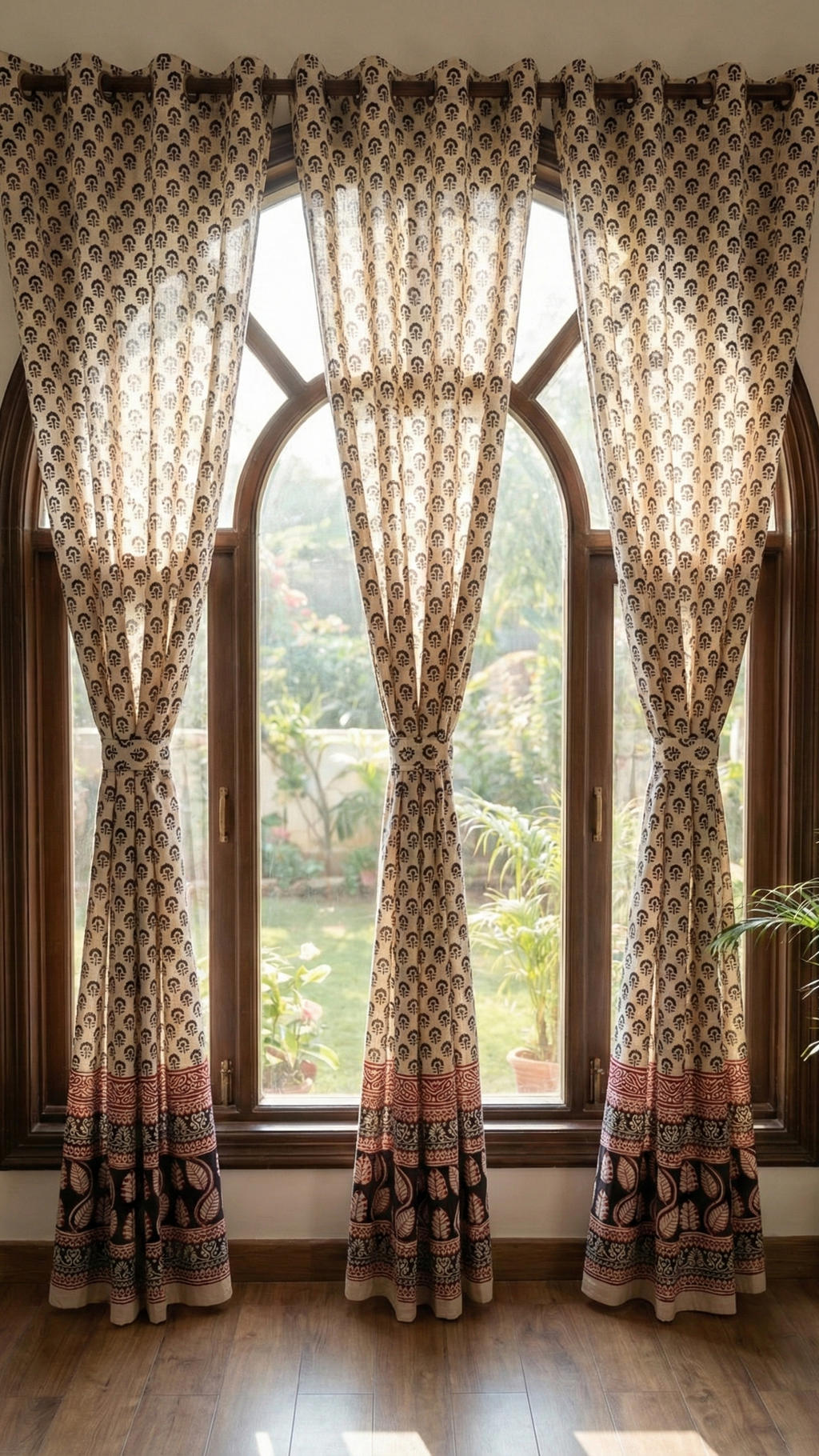 Set of handmade Bagh block print in traditional offwhite with black tree block and madder red pattern with big leaf bold border three curtains on a classy window.