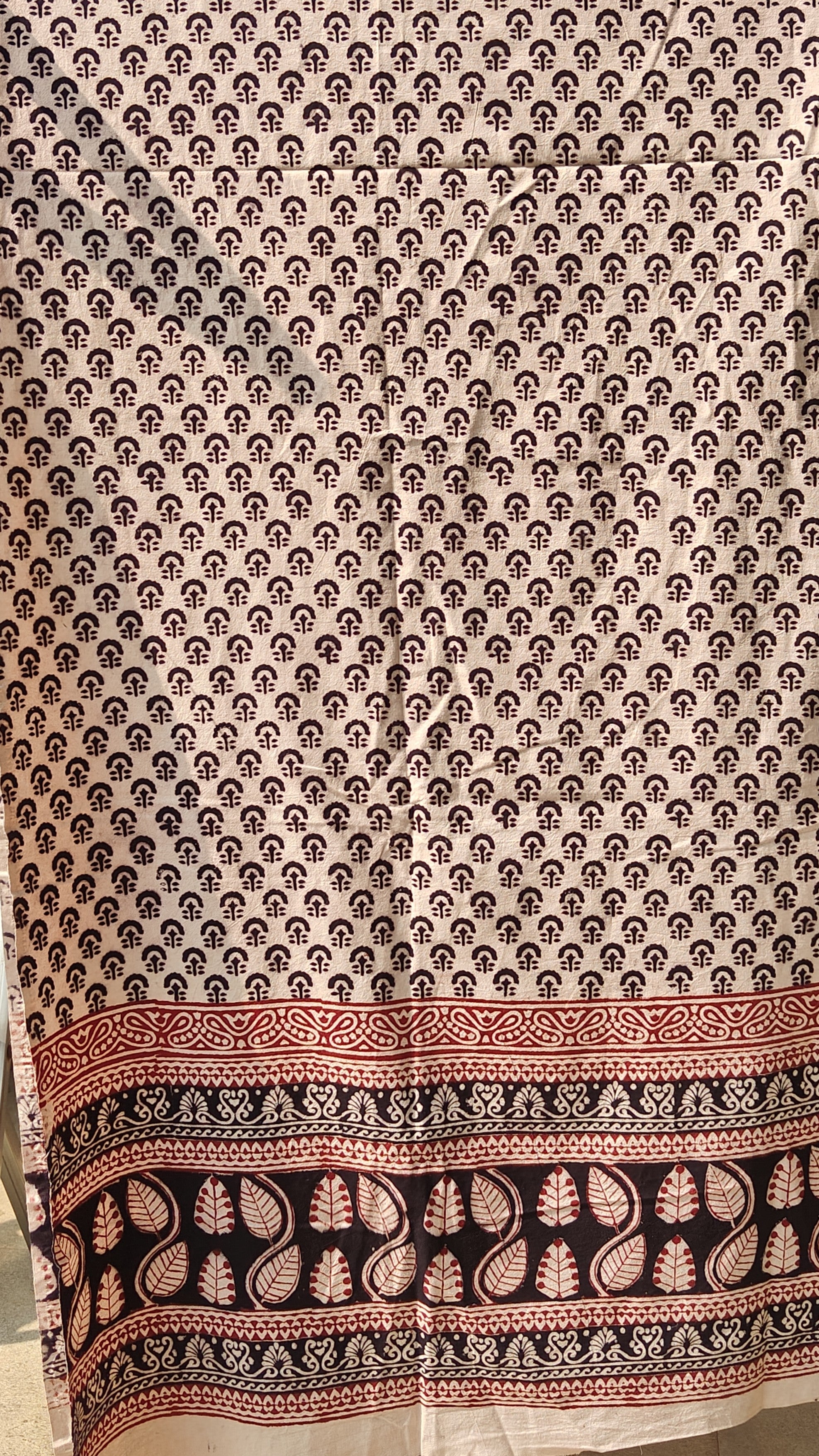 Set of handmade Bagh block print in traditional offwhite with black tree block and madder red pattern with big leaf bold border three curtains.