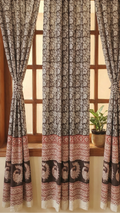 Set of handmade Bagh block print in traditional black,offwhite and madder red  creeper flower patterns with peacock shape bold border three curtains on a classic window