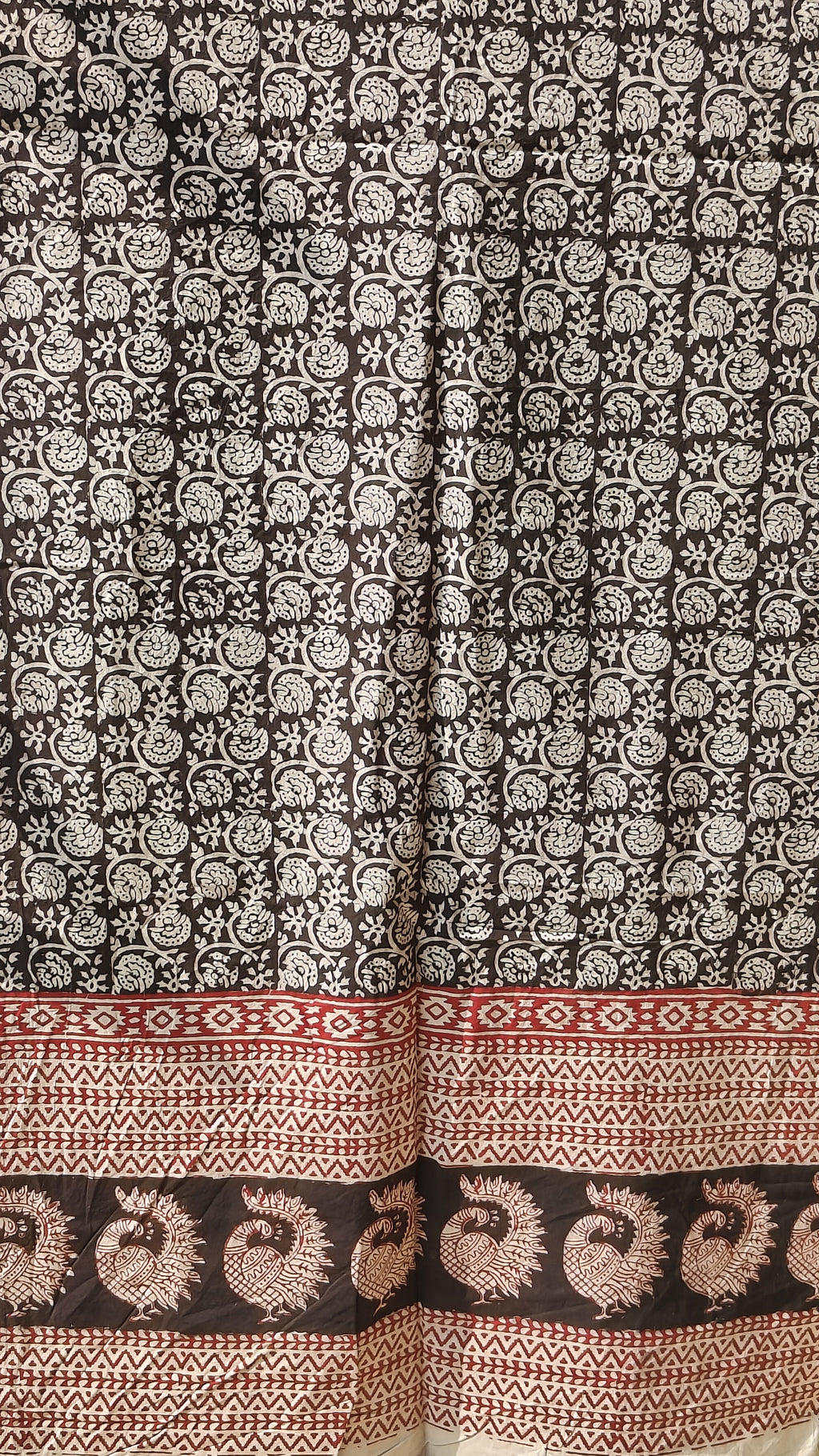 Set of handmade Bagh block print in traditional black,offwhite and madder red  creeper flower patterns with peacock shape bold border three curtains.