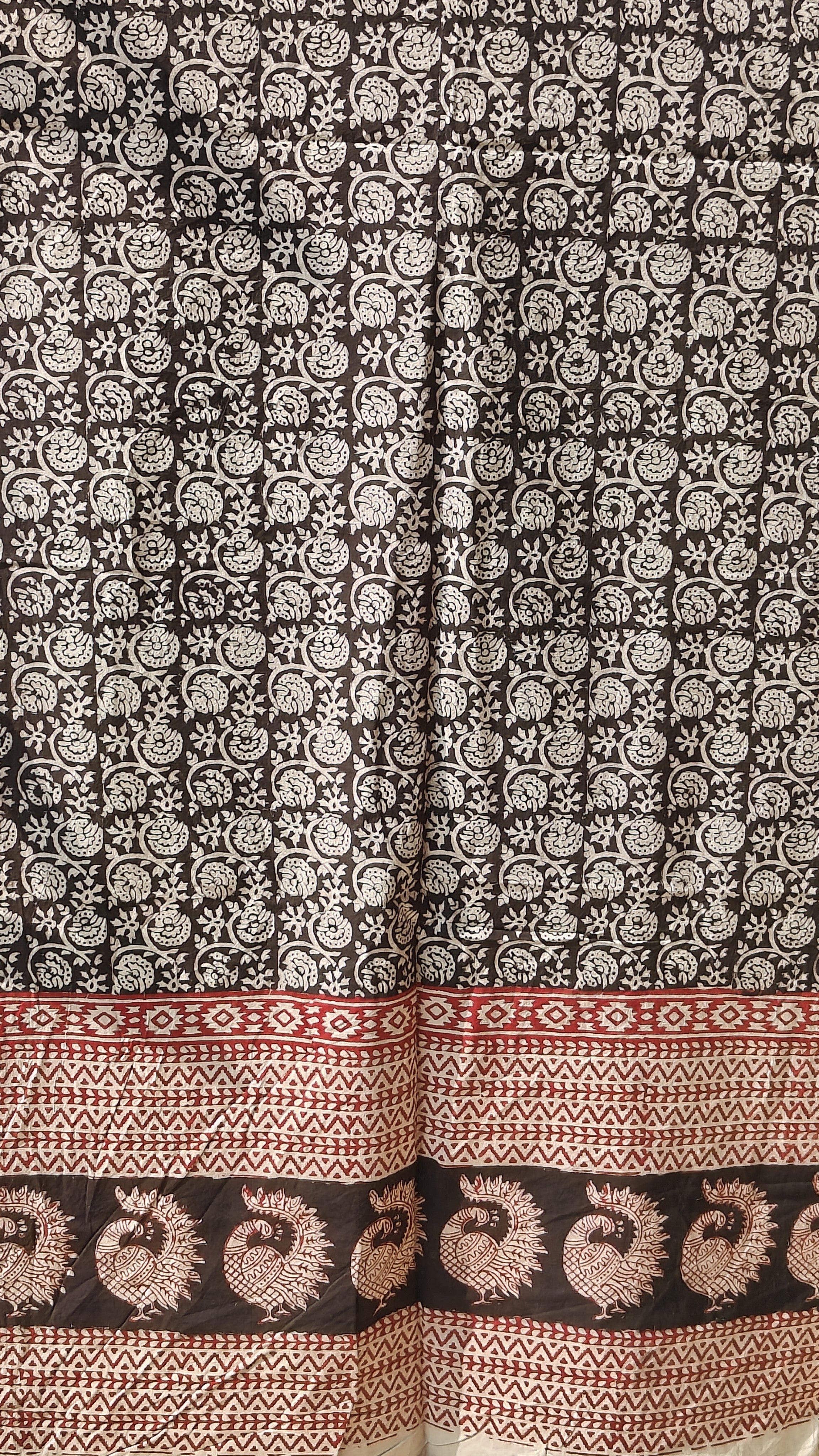 Set of handmade Bagh block print in traditional black,offwhite and madder red  creeper flower patterns with peacock shape bold border three curtains.