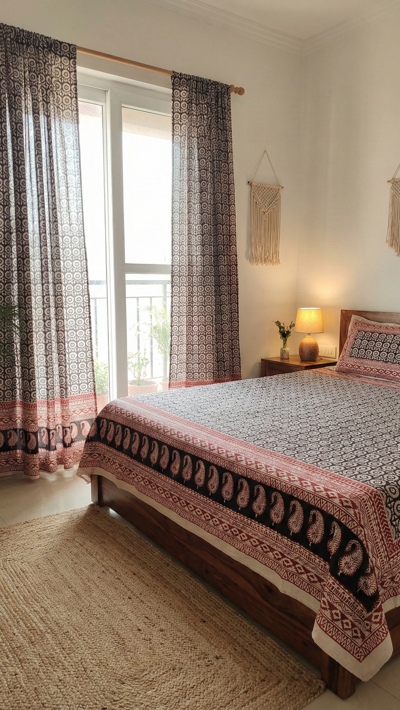 Set of handmade Bagh block print in traditional black,offwhite and madder red  creeper flower patterns with peacock shape bold border curtains and bedsheet with pillow cover