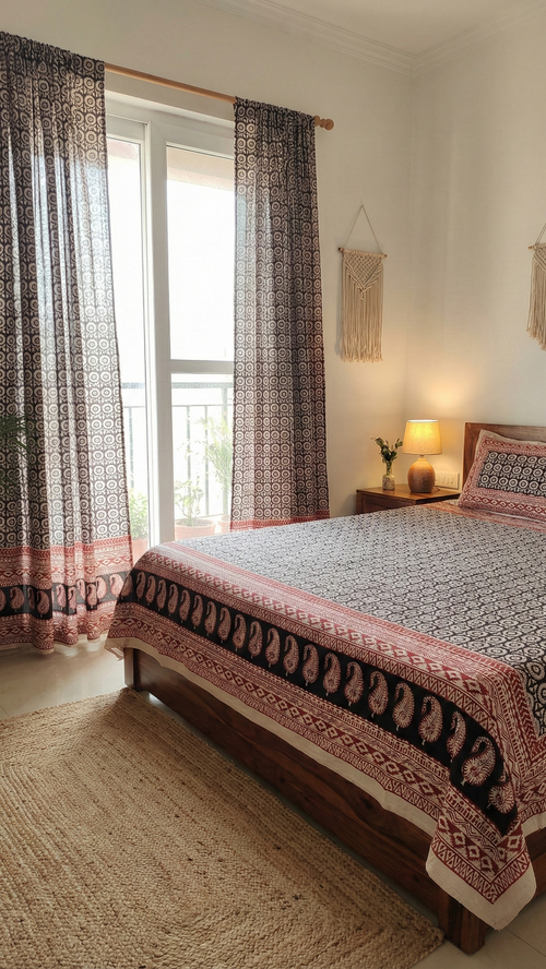 Set of handmade Bagh block print in traditional black,offwhite and madder red  creeper flower patterns with peacock shape bold border curtains and bedsheet with pillow cover