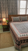 Set of handmade Bagh block print in traditional black,offwhite and madder red  creeper flower patterns with peacock shape bold border double bedsheet