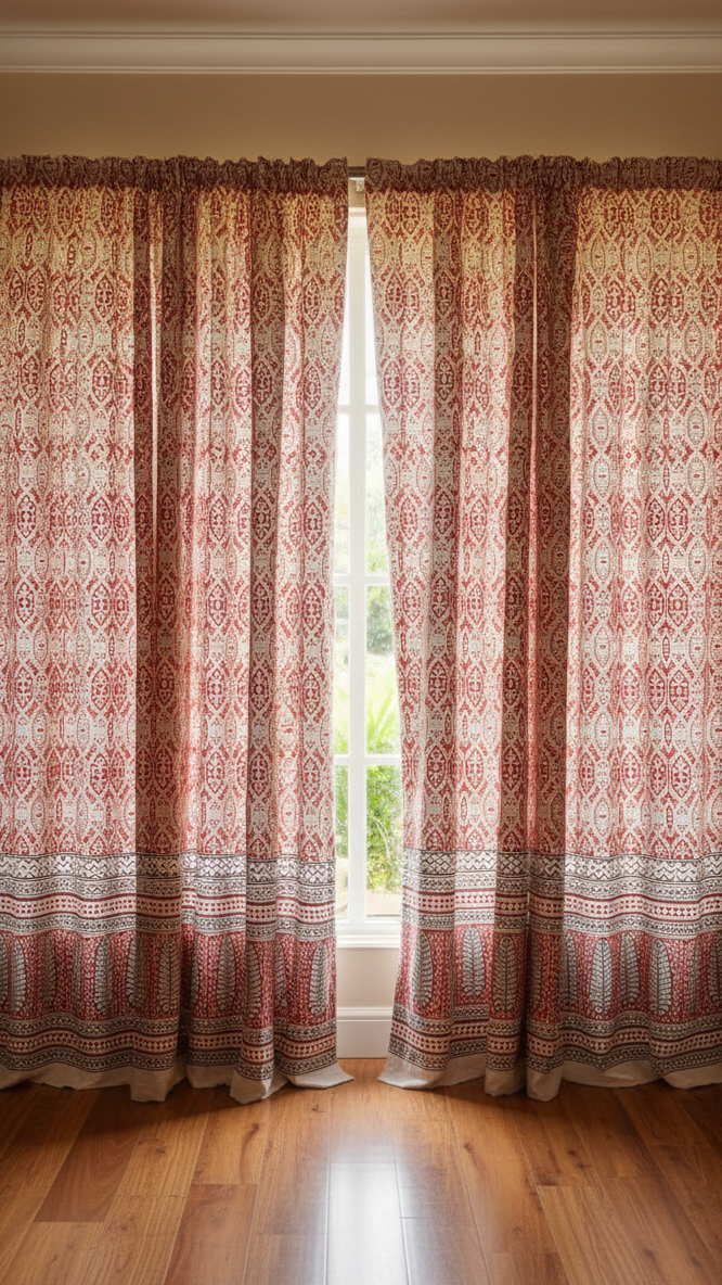 Set of handmade Bagh block print in traditional offwhite with red  big  block and madder red pattern with big leaf bold border three curtains.