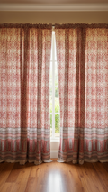 Set of handmade Bagh block print in traditional offwhite with red  big  block and madder red pattern with big leaf bold border three curtains.