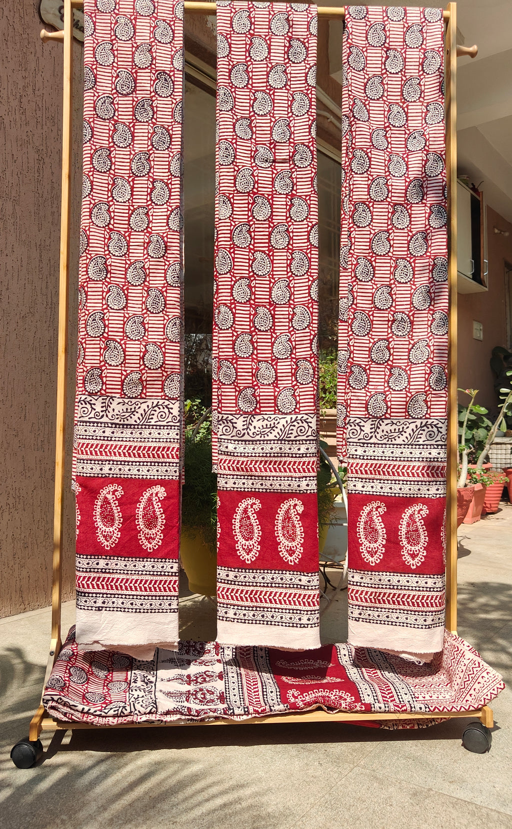 Set of handmade Bagh block print in traditional offwhite with red cairy block and madder red pattern with big cairy bold border three curtains.