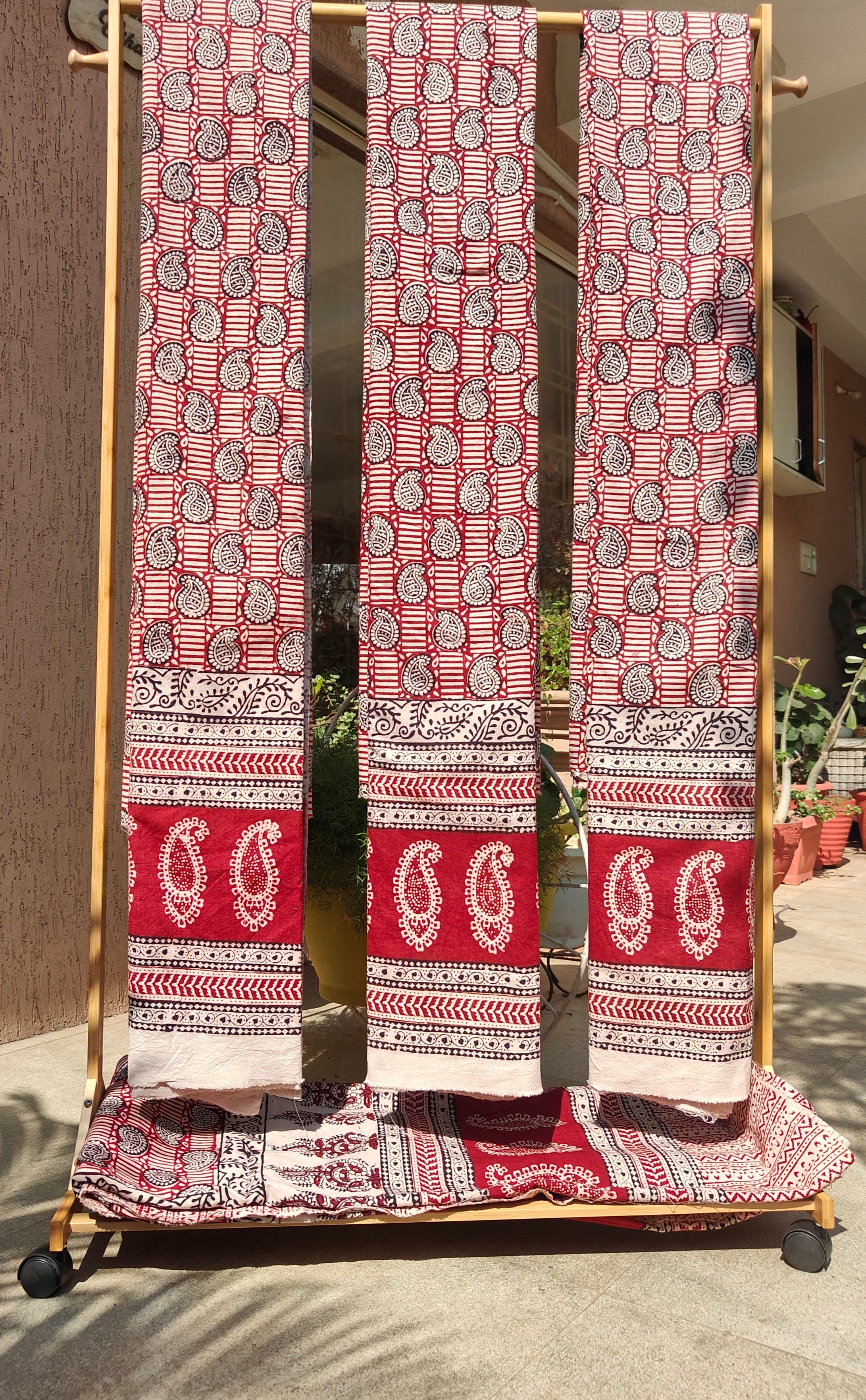 Set of handmade Bagh block print in traditional offwhite with red cairy block and madder red pattern with big cairy bold border three curtains.