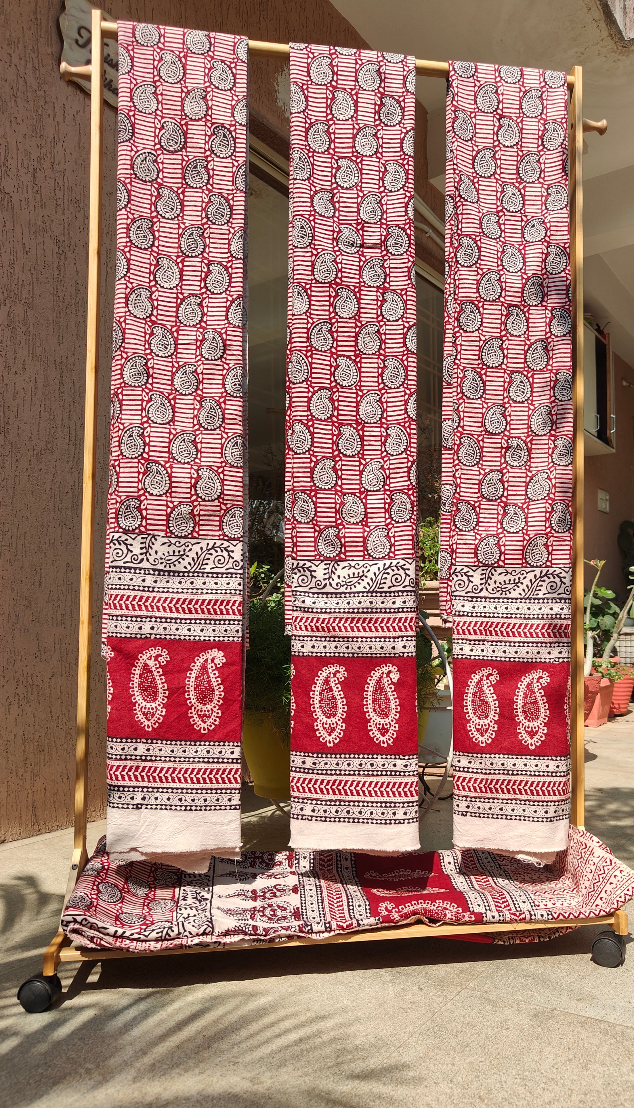 Set of handmade Bagh block print in traditional offwhite with red cairy block and madder red pattern with big cairy bold border three curtains.