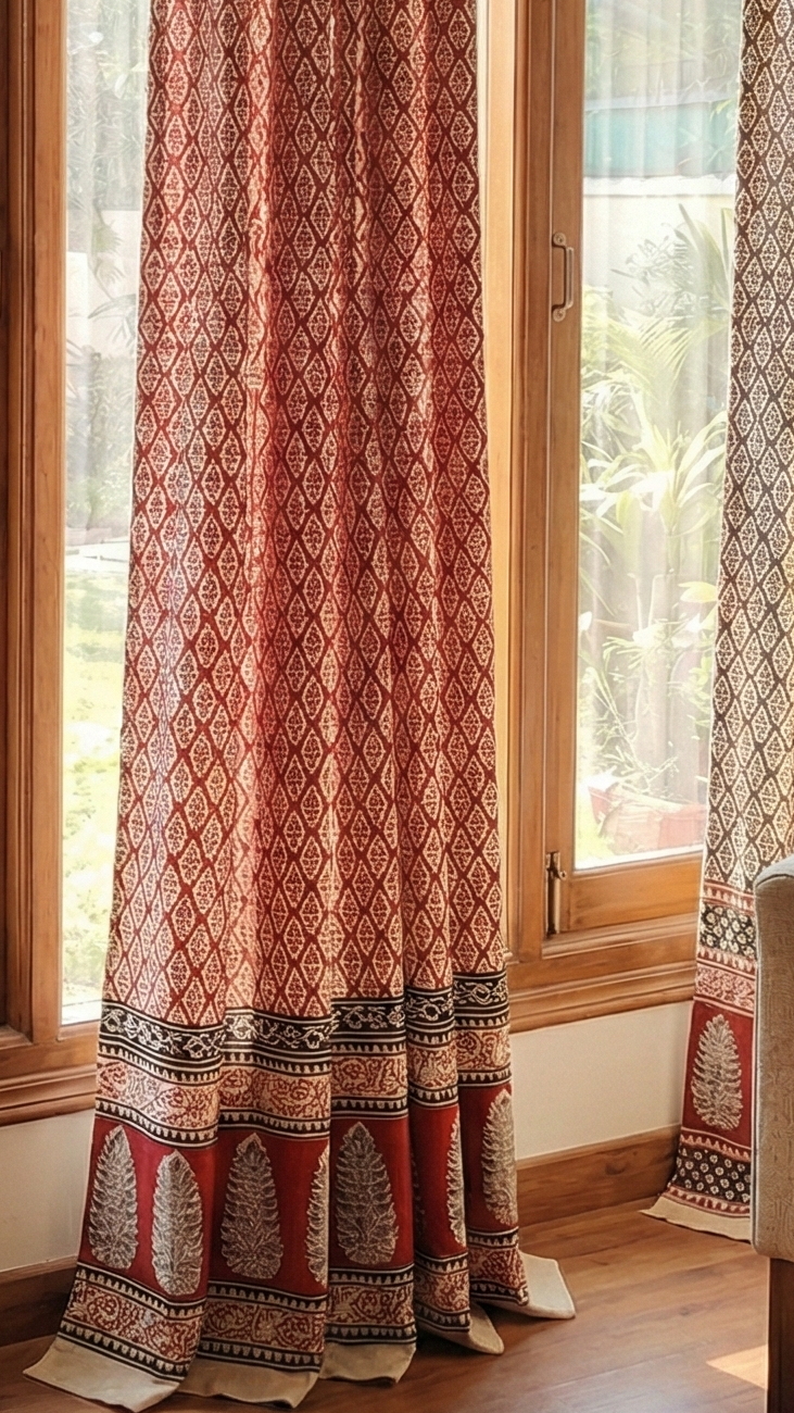 Set of handmade Bagh block print in traditional offwhite with red cairy block and madder red pattern with big cairy bold border three curtains.