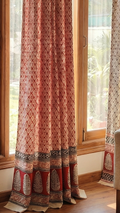 Set of handmade Bagh block print in traditional offwhite with red cairy block and madder red pattern with big cairy bold border three curtains.