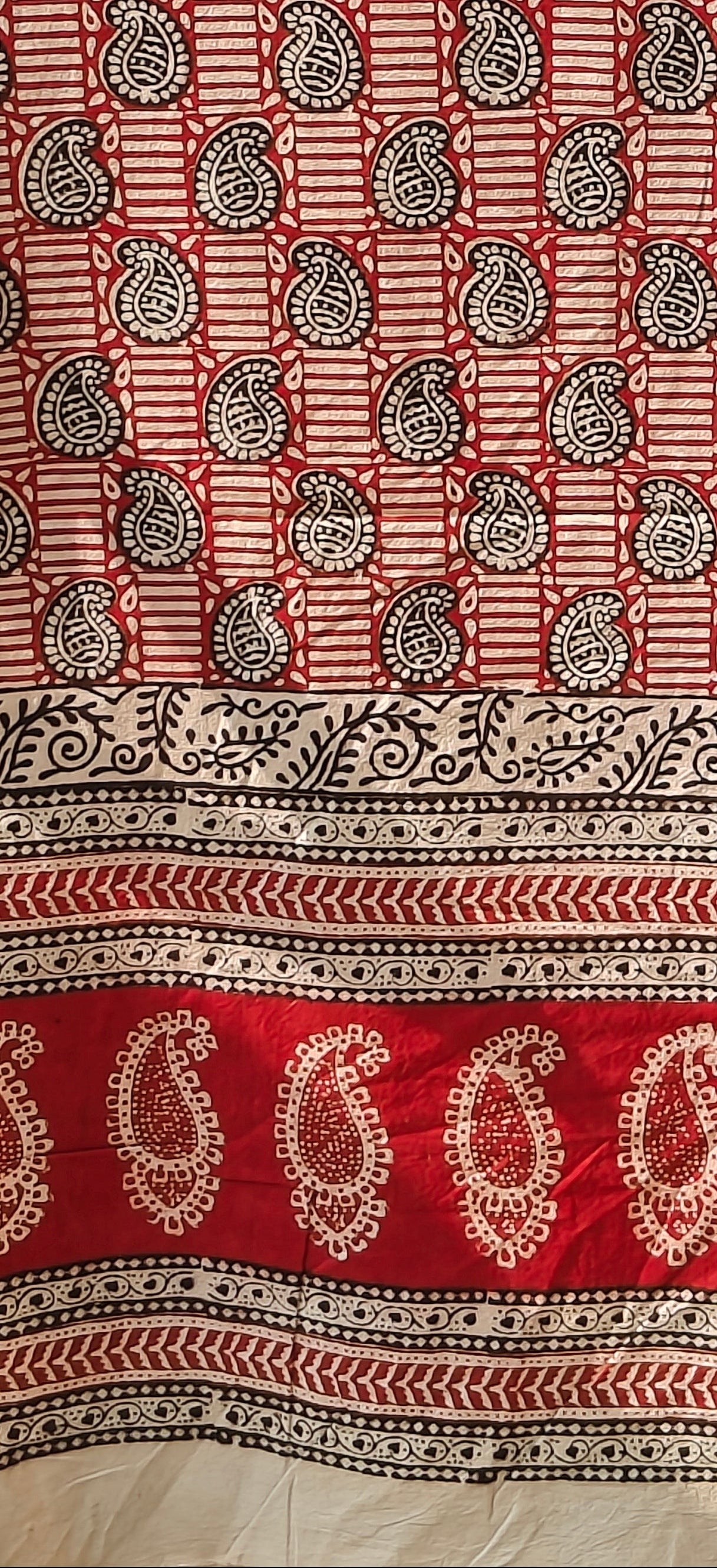 Set of handmade Bagh block print in traditional offwhite with red cairy block and madder red pattern with big cairy bold border three curtains.