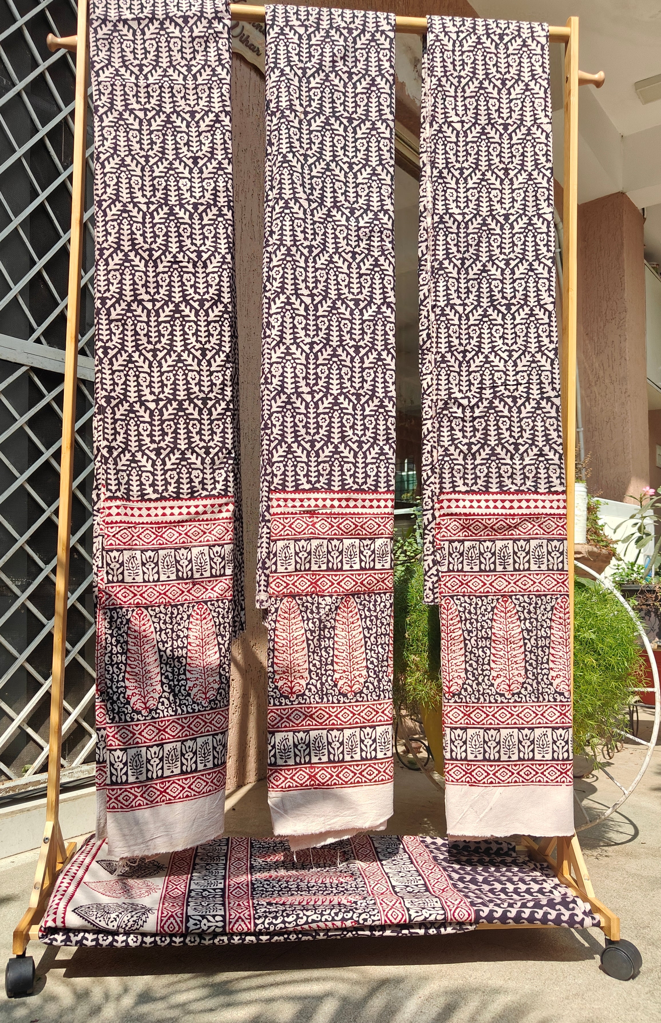 Set of handmade Bagh block print in traditional offwhite , black,madder red small leaf pattern three curtains