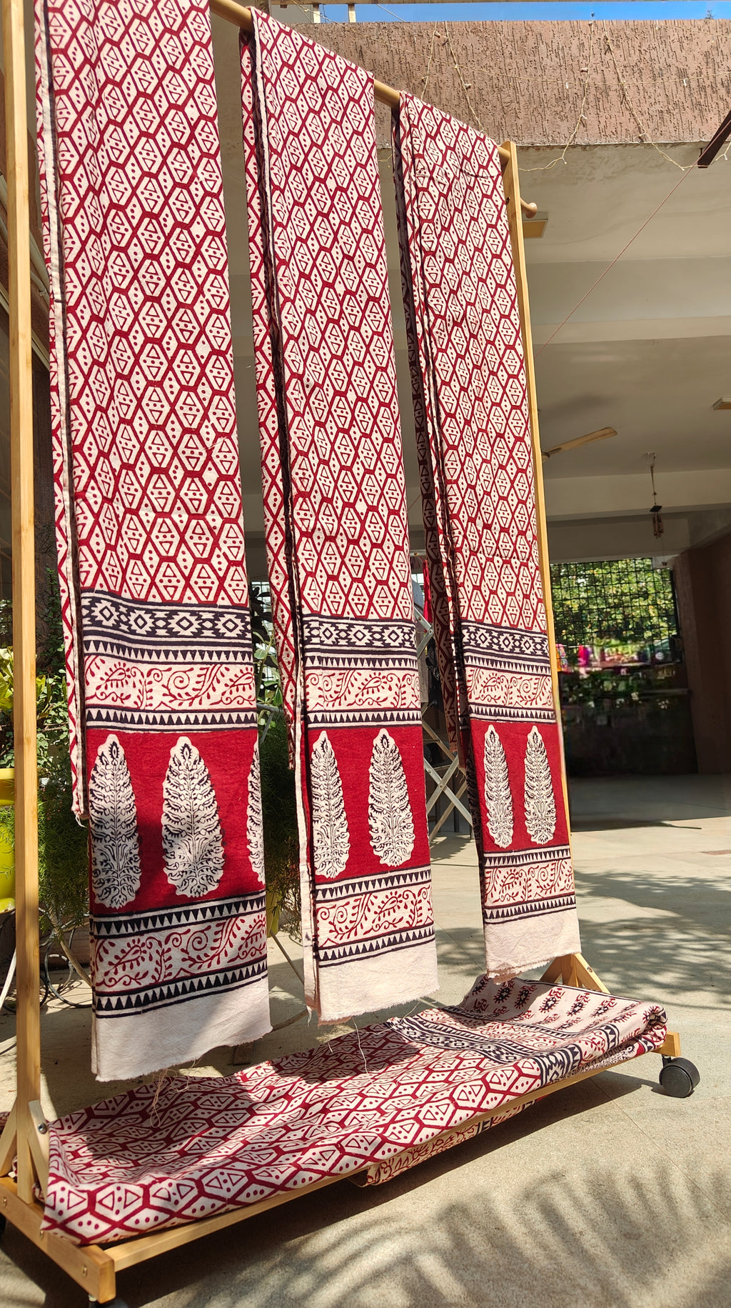 Set of handmade Bagh block print in traditional offwhite and madder red geometric patterns three curtains