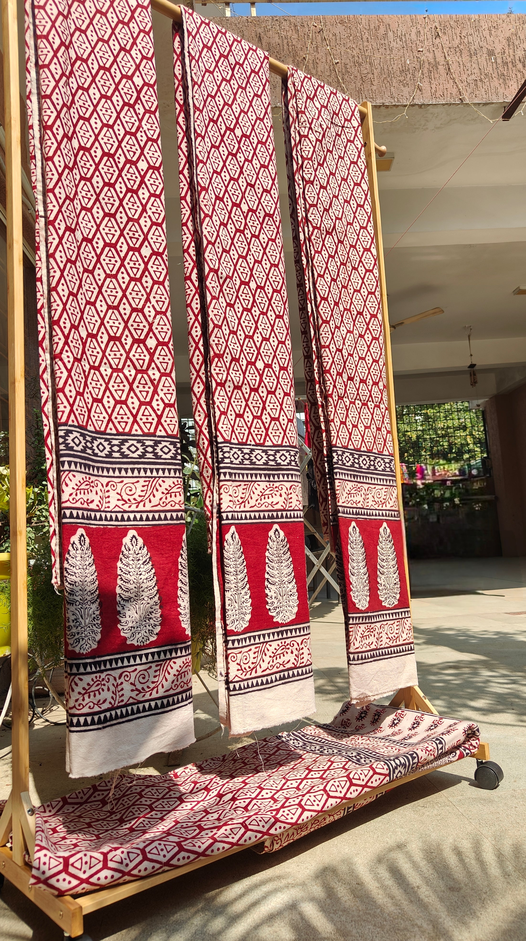 Set of handmade Bagh block print in traditional offwhite and madder red geometric patterns three curtains