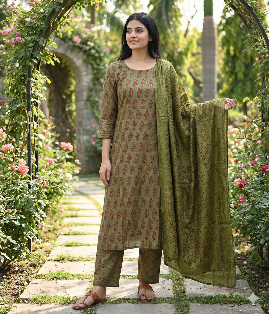 Authentic Dhar Bagh maroon block print on fine mehendi green muslin unstitched suit with a coordinating chiffon dupatta.