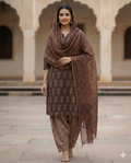Authentic Dhar Bagh beige block print on fine mocha brown muslin unstitched suit with a coordinating chiffon dupatta.