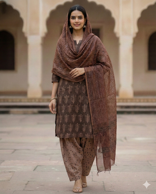 Authentic Dhar Bagh beige block print on fine mocha brown muslin unstitched suit with a coordinating chiffon dupatta.