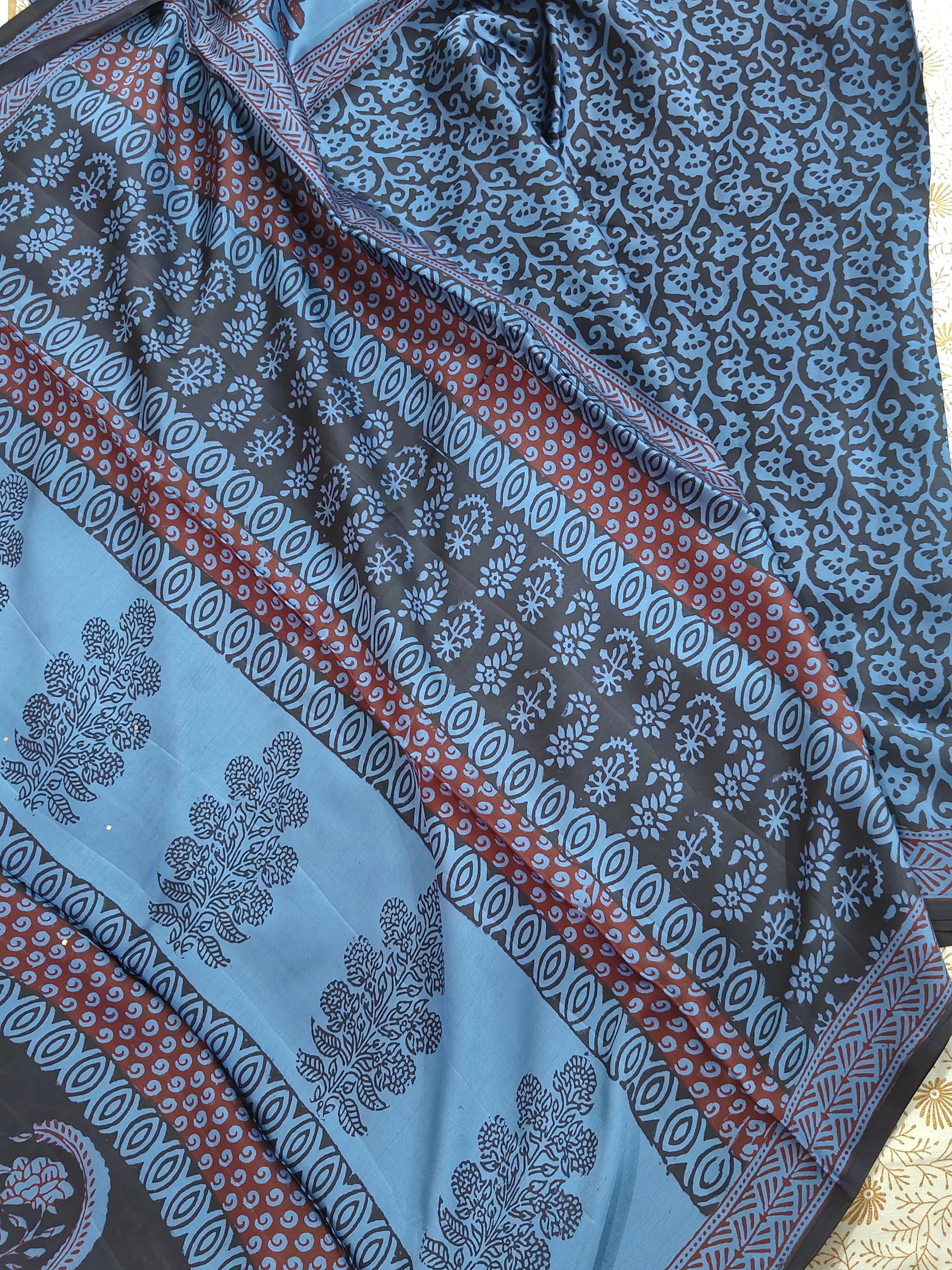 Sustainable luxury Modal silk saree featuring traditional handmade Bagh block prints in rich blue and black