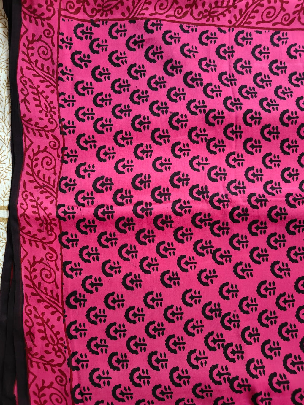 authentic hand-carved wooden block prints on a Modal silk fabric, showcasing traditional Bagh floral motifs