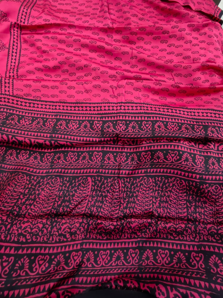 authentic hand-carved wooden block prints on a Fuschia Modal silk fabric, showcasing traditional Bagh floral motifs