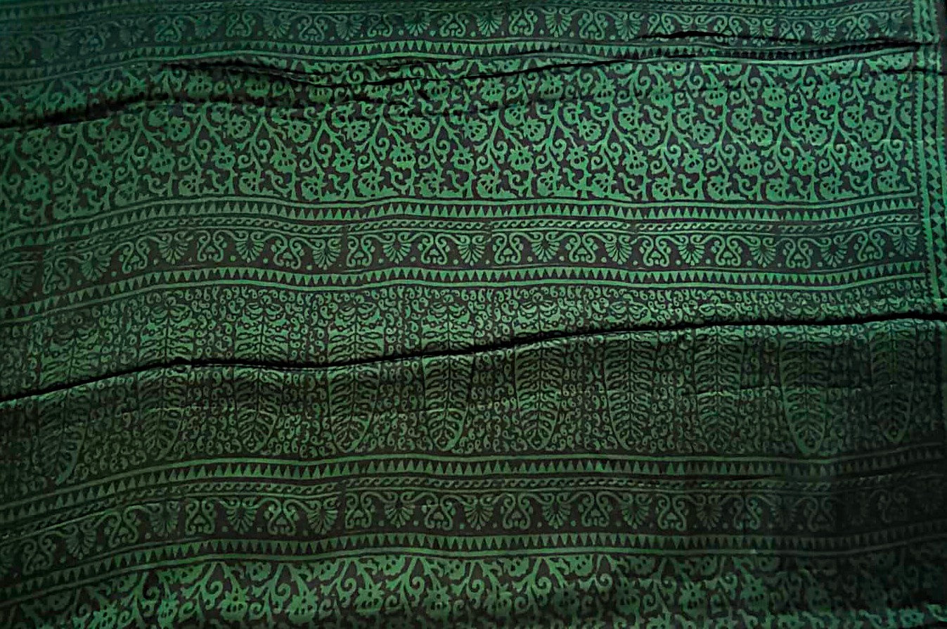 Dhar Bagh print Dark green modal silk saree with intricate patterns