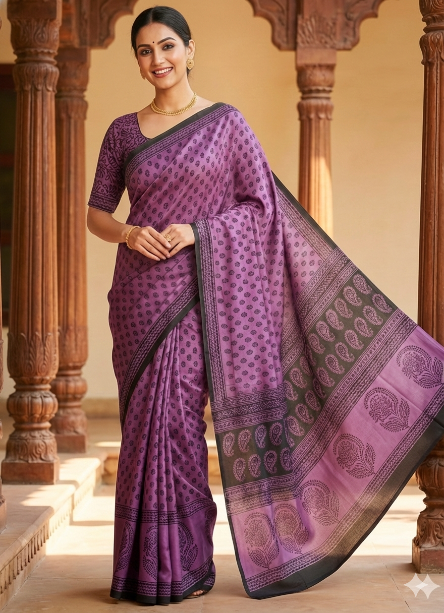 Sustainable luxury Modal silk saree featuring traditional handmade Bagh block prints in rich purple and black