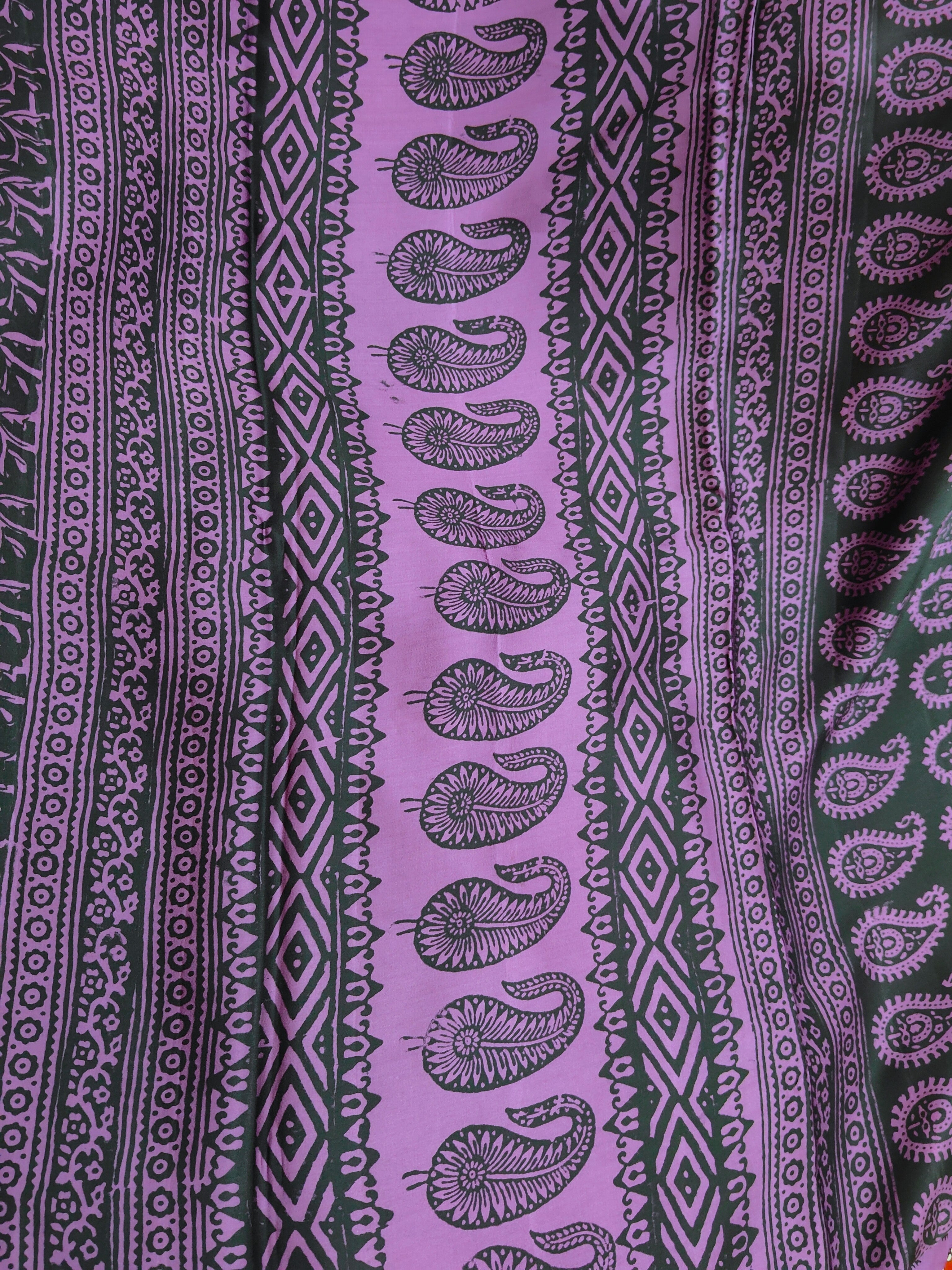 Sustainable luxury Modal silk saree featuring traditional handmade Bagh block prints in rich purple and black