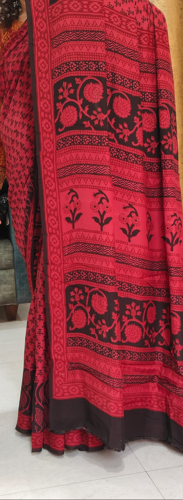 bagh block prints on a Modal silk saree, showcasing traditional Bagh floral motifs on red background