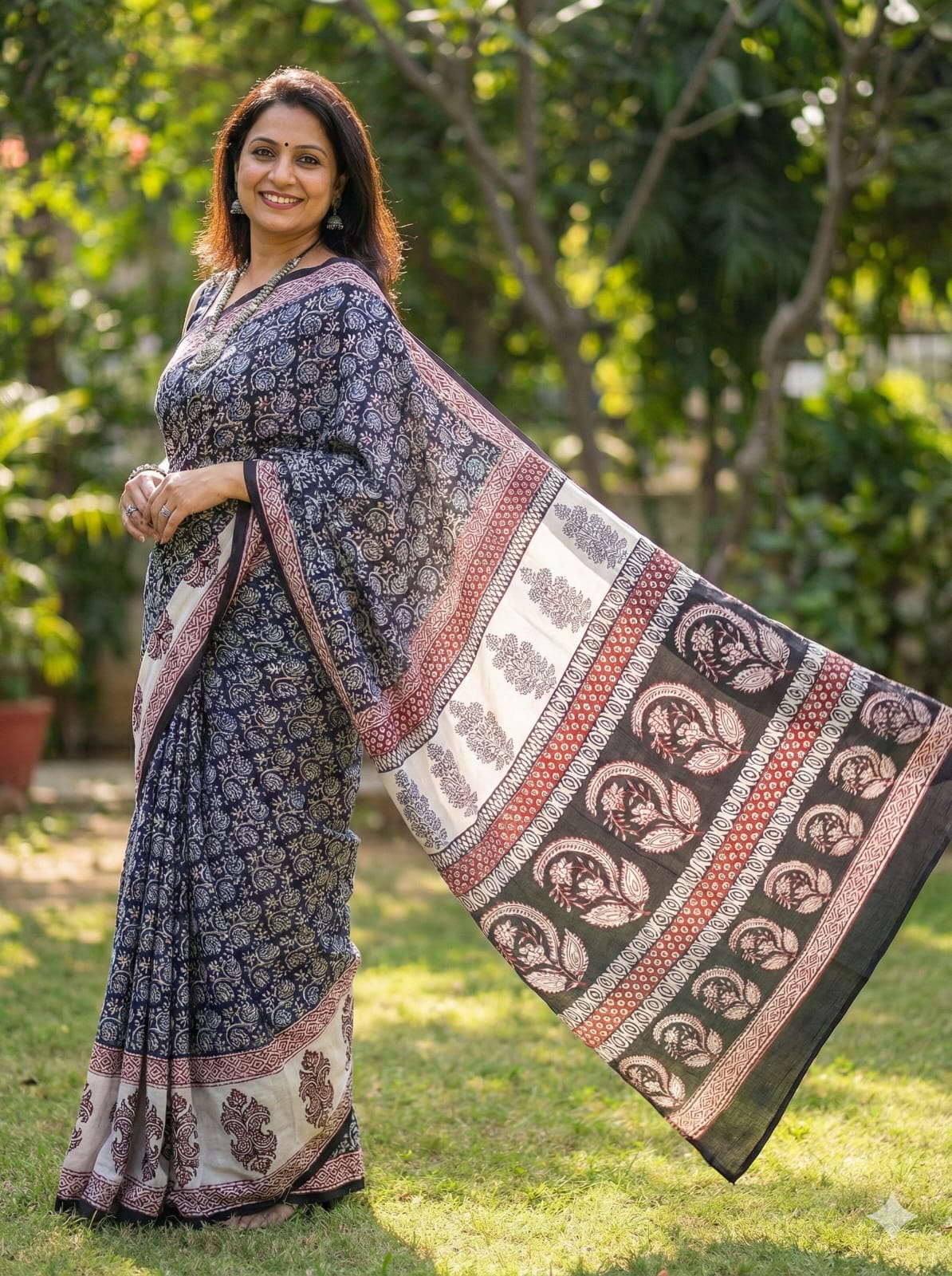 Woman wearing a traditional  Artisan-made saree with a Bagh Block design, standing outdoors with greenery in the background.
