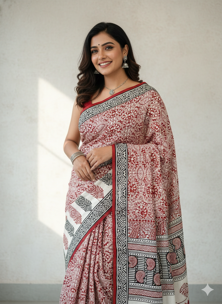 Sustainable luxury silk saree featuring authentic Dhar Bagh print; handmade blocks in rich white and maroon