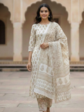 Traditional Dhar Bagh block print on off-white pure cotton fabric; copper-colored handmade big leaf motifs on an unstitched suit set with dupatta