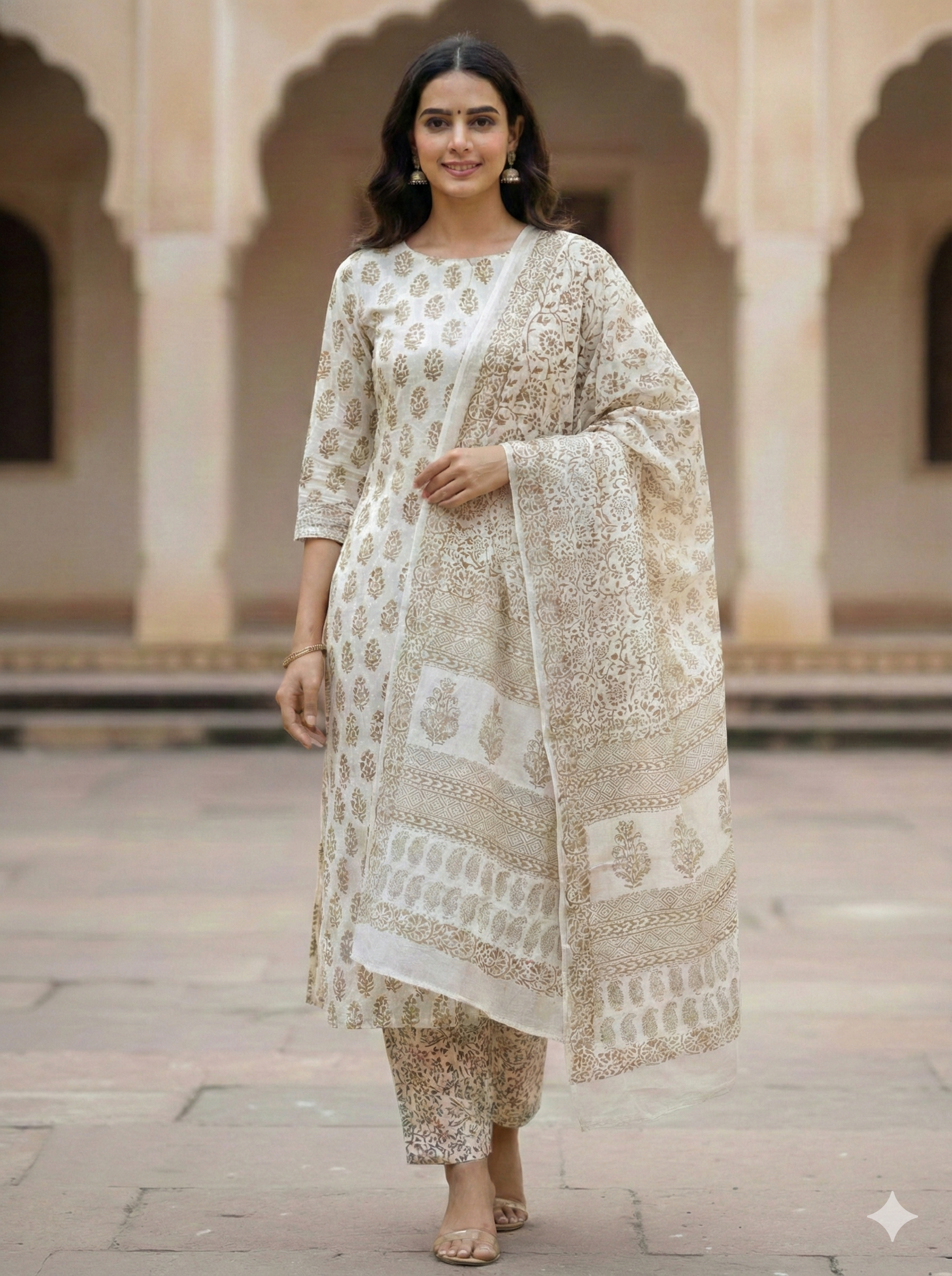 Traditional Dhar Bagh block print on off-white pure cotton fabric; copper-colored handmade big leaf motifs on an unstitched suit set with dupatta