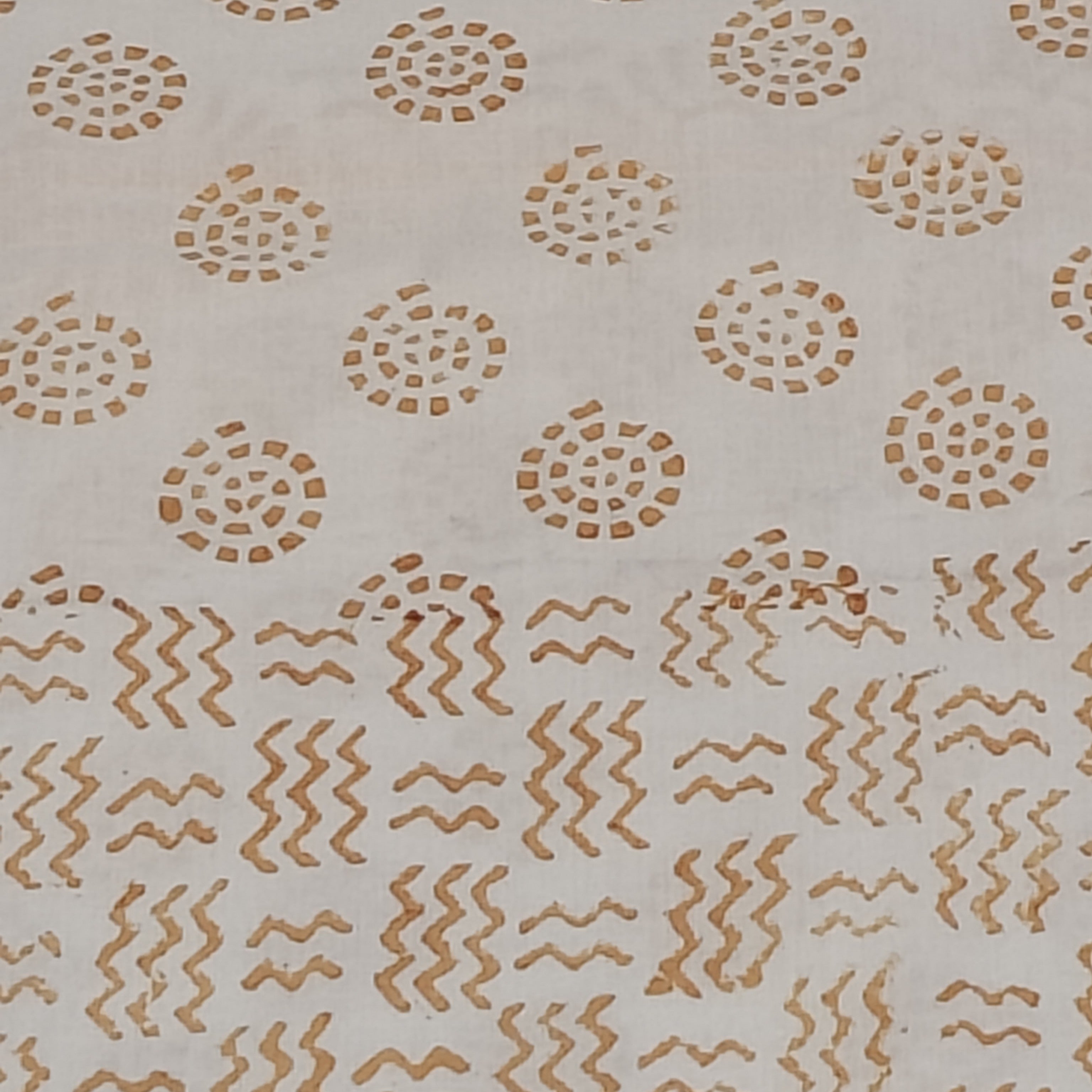 Traditional Dhar Bagh block print on off-white pure cotton fabric; copper-colored handmade circular  copper motifs on an unstitched suit set with dupatta