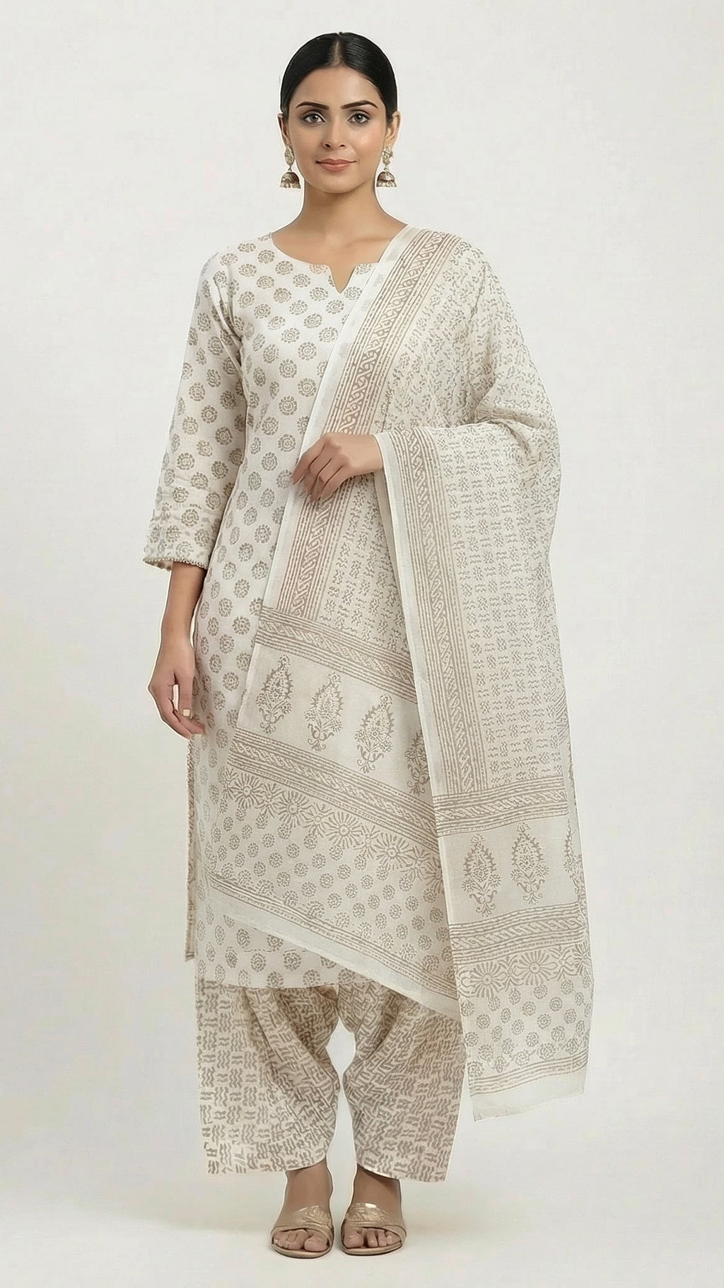 Traditional Dhar Bagh block print on off-white pure cotton fabric; copper-colored handmade circular motifs on an unstitched suit set with dupatta