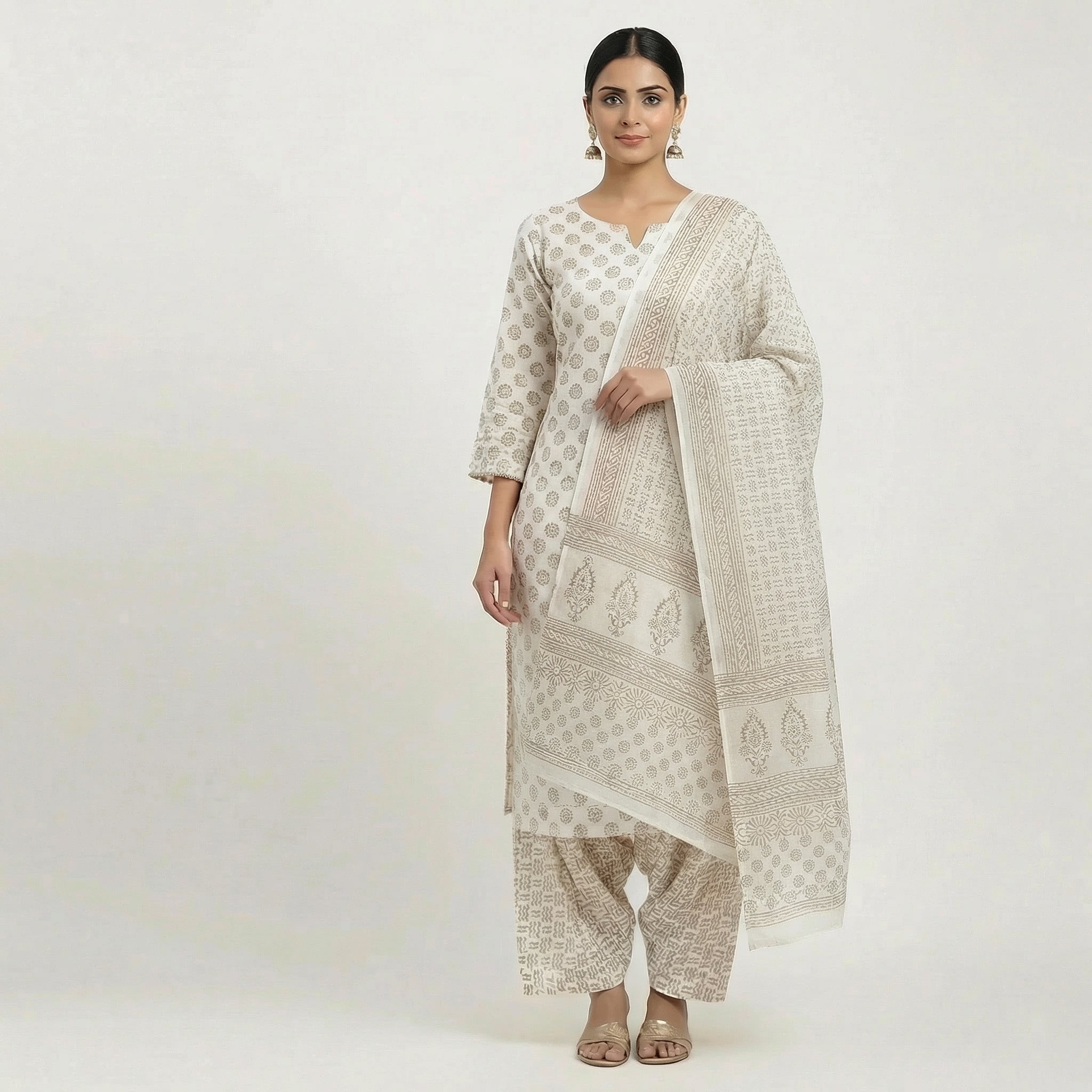 Traditional Dhar Bagh block print on off-white pure cotton fabric; copper-colored handmade circular motifs on an unstitched suit set with dupatta