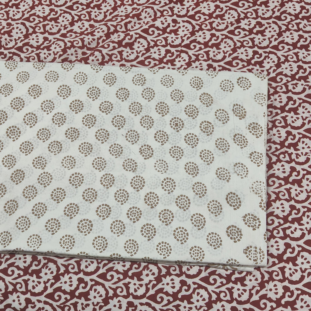 Traditional Dhar Bagh block print on off-white pure cotton fabric; grey-colored handmade circular  motifs on an unstitched suit set with dupatta