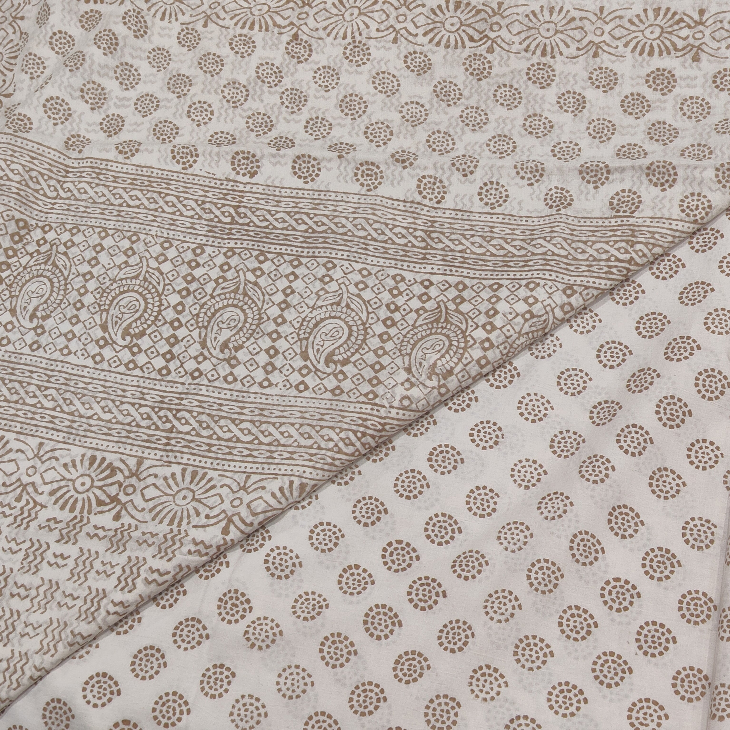 Traditional Dhar Bagh block print on off-white pure cotton fabric; grey-colored handmade circular  motifs on an unstitched suit set with dupatta