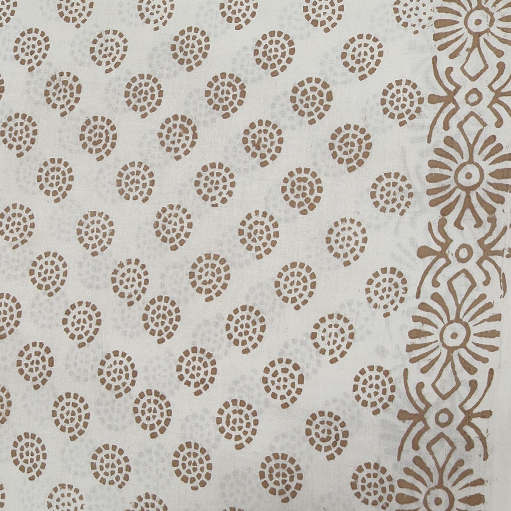 Traditional Dhar Bagh block print on off-white pure cotton fabric; grey-colored handmade circular  motifs on an unstitched suit set with dupatta