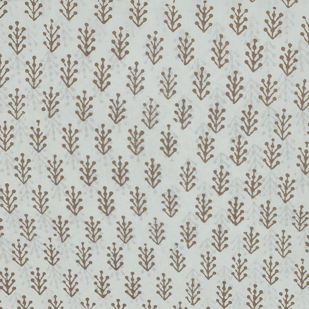 Traditional Dhar Bagh block print on off-white pure cotton fabric; copper-colored handmade palm motifs on an unstitched suit set with dupatta