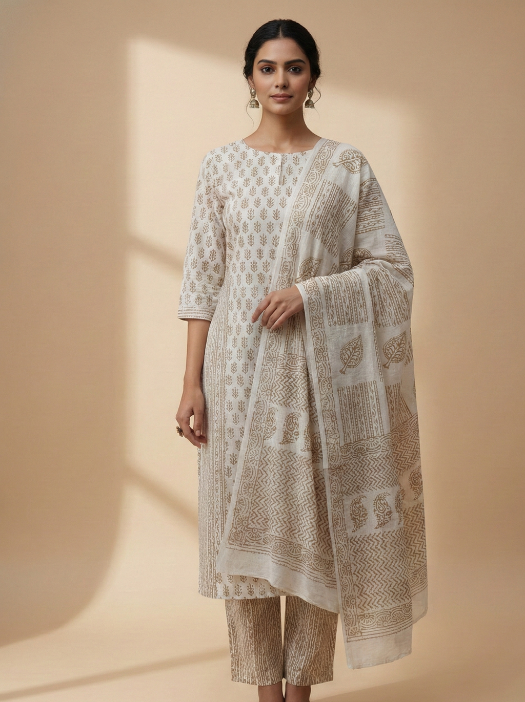Traditional Dhar Bagh block print on off-white pure cotton fabric; copper-colored handmade palm motifs on an unstitched suit set with dupatta