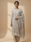 Traditional Dhar Bagh block print on off-white pure cotton fabric; copper-colored handmade palm motifs on an unstitched suit set with dupatta