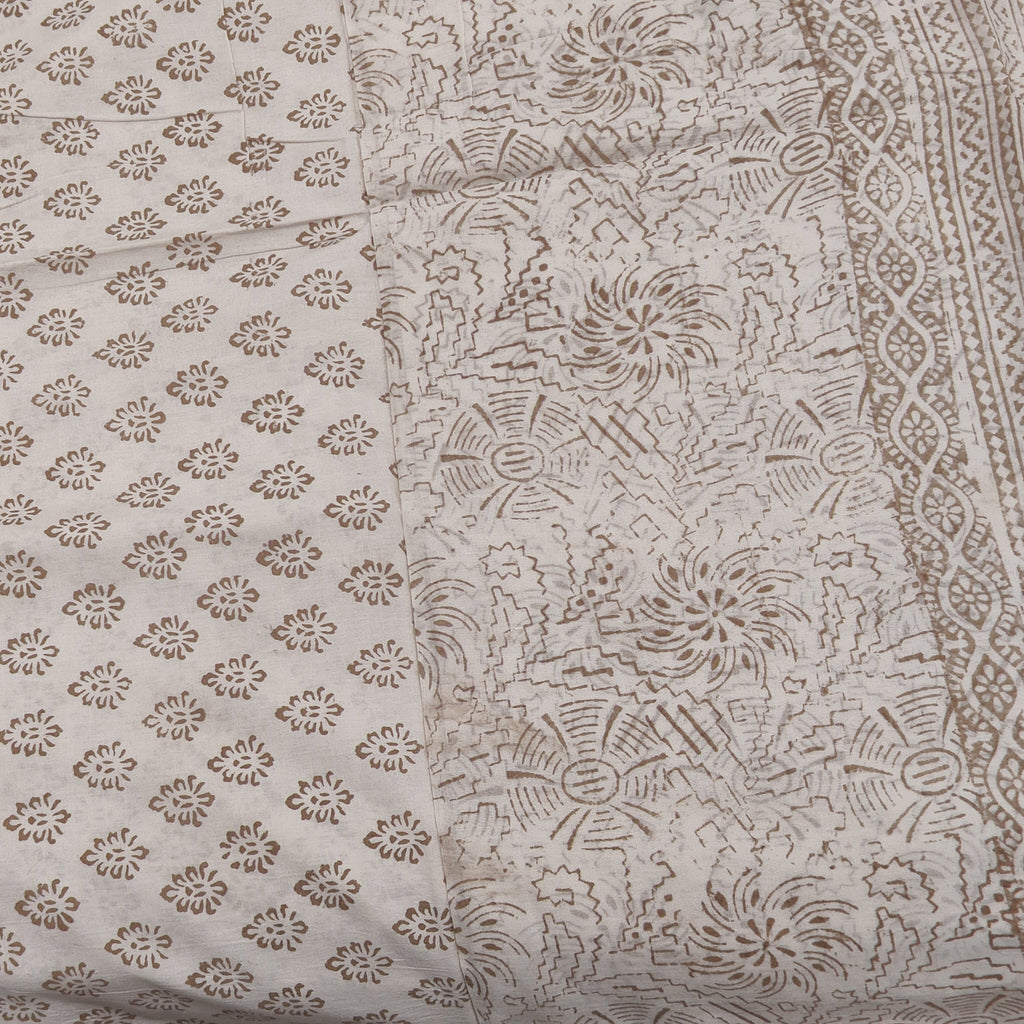 Traditional Dhar Bagh block print on off-white pure cotton fabric; grey-colored handmade small leaf motifs on an unstitched suit set with dupatta