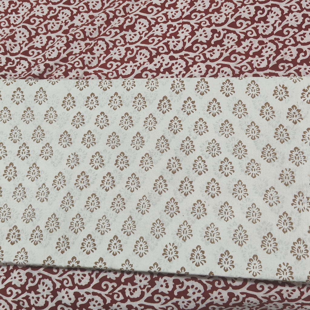 Traditional Dhar Bagh block print on off-white pure cotton fabric; grey-colored handmade small leaf motifs on an unstitched suit set with dupatta