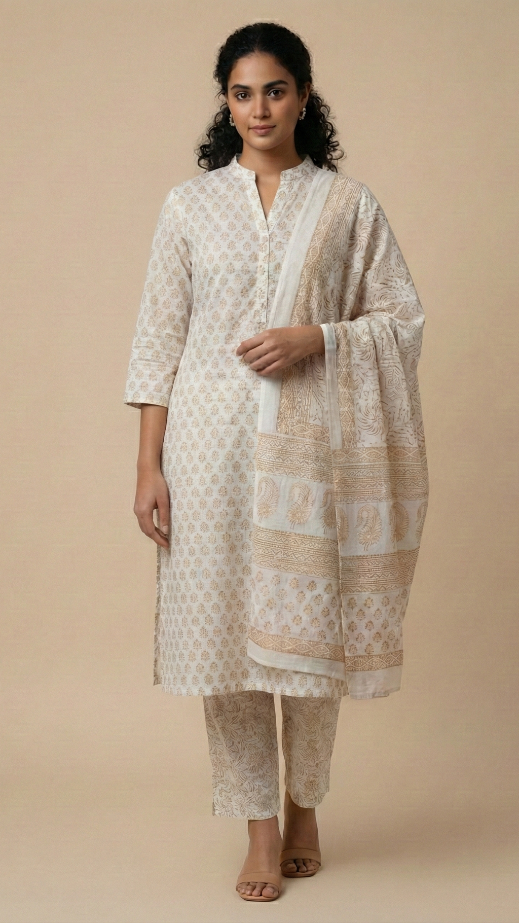 Traditional Dhar Bagh block print on off-white pure cotton fabric; copper-colored handmade motifs on an unstitched suit set with dupatta