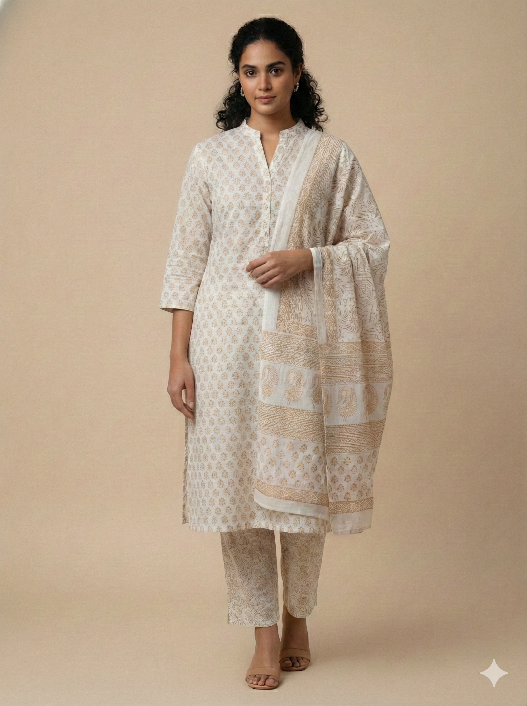 Traditional Dhar Bagh block print on off-white pure cotton fabric; copper-colored handmade motifs on an unstitched suit set with dupatta