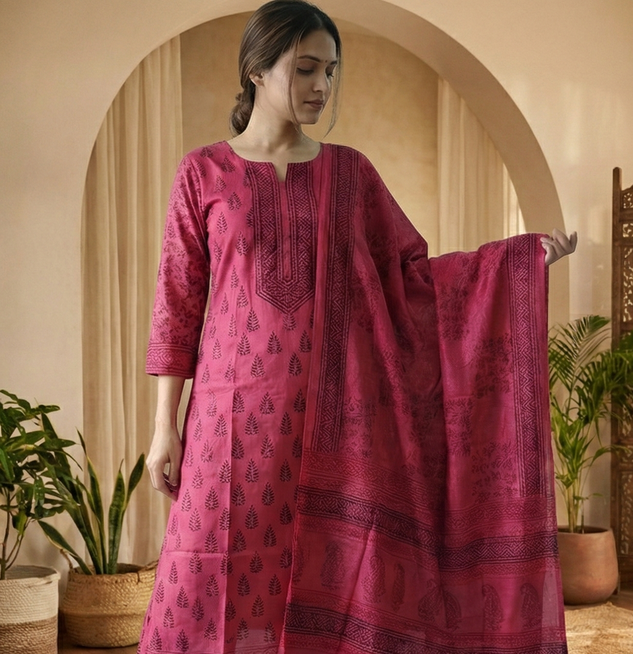Authentic Dhar Bagh black block print on fine Pink muslin unstitched suit with a coordinating chiffon dupatta
