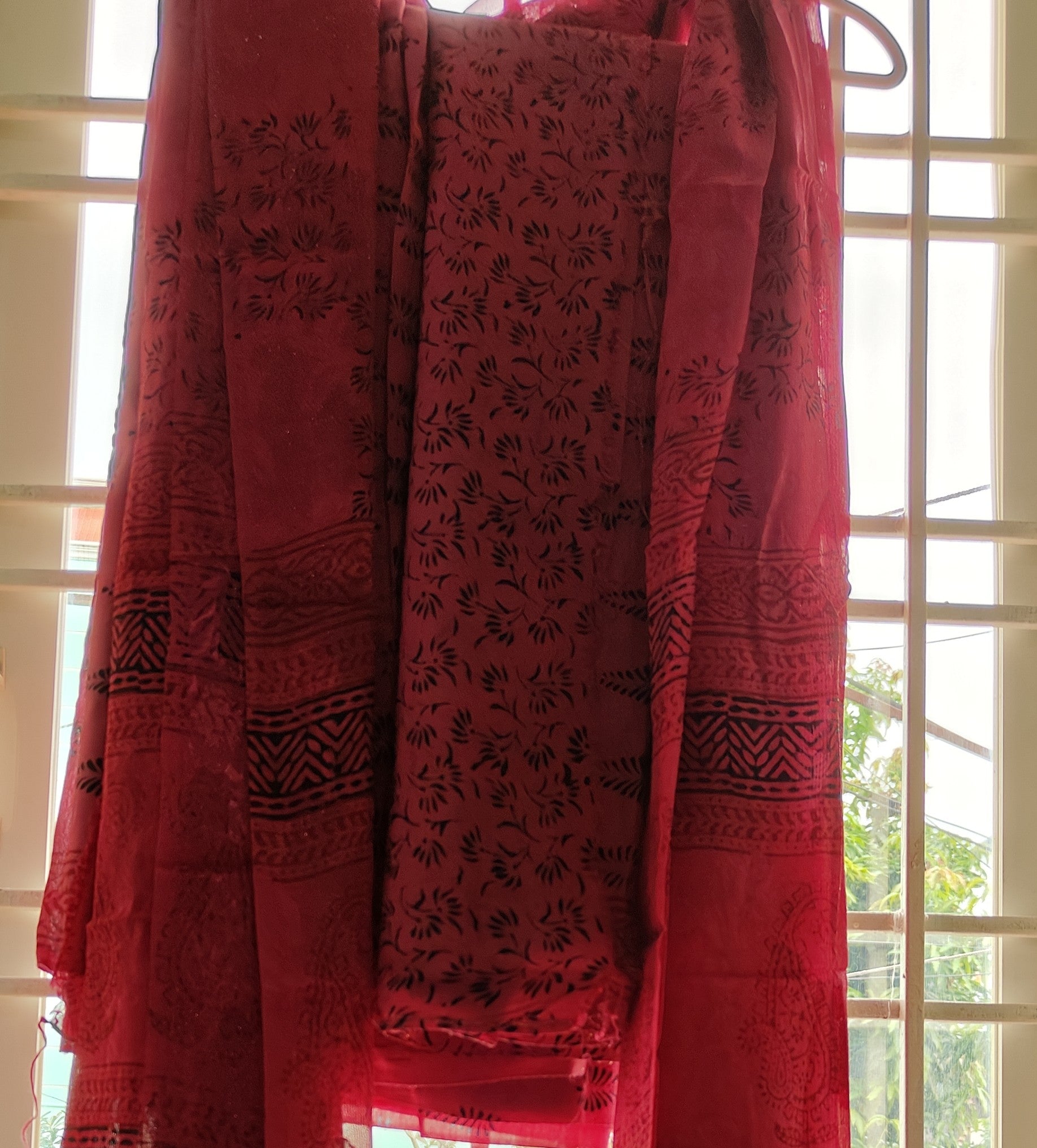 Authentic Dhar Bagh block print on fine muslin unstitched suit with a coordinating chiffon dupatta